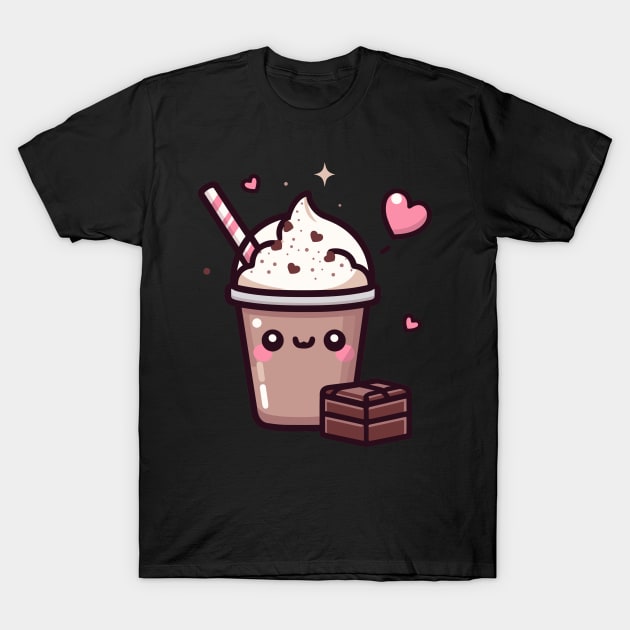 Kawaii Cute Chocolate Milkshake with Chocolate Bar and Hearts | Kawaii Food Art T-Shirt by Nora Liak